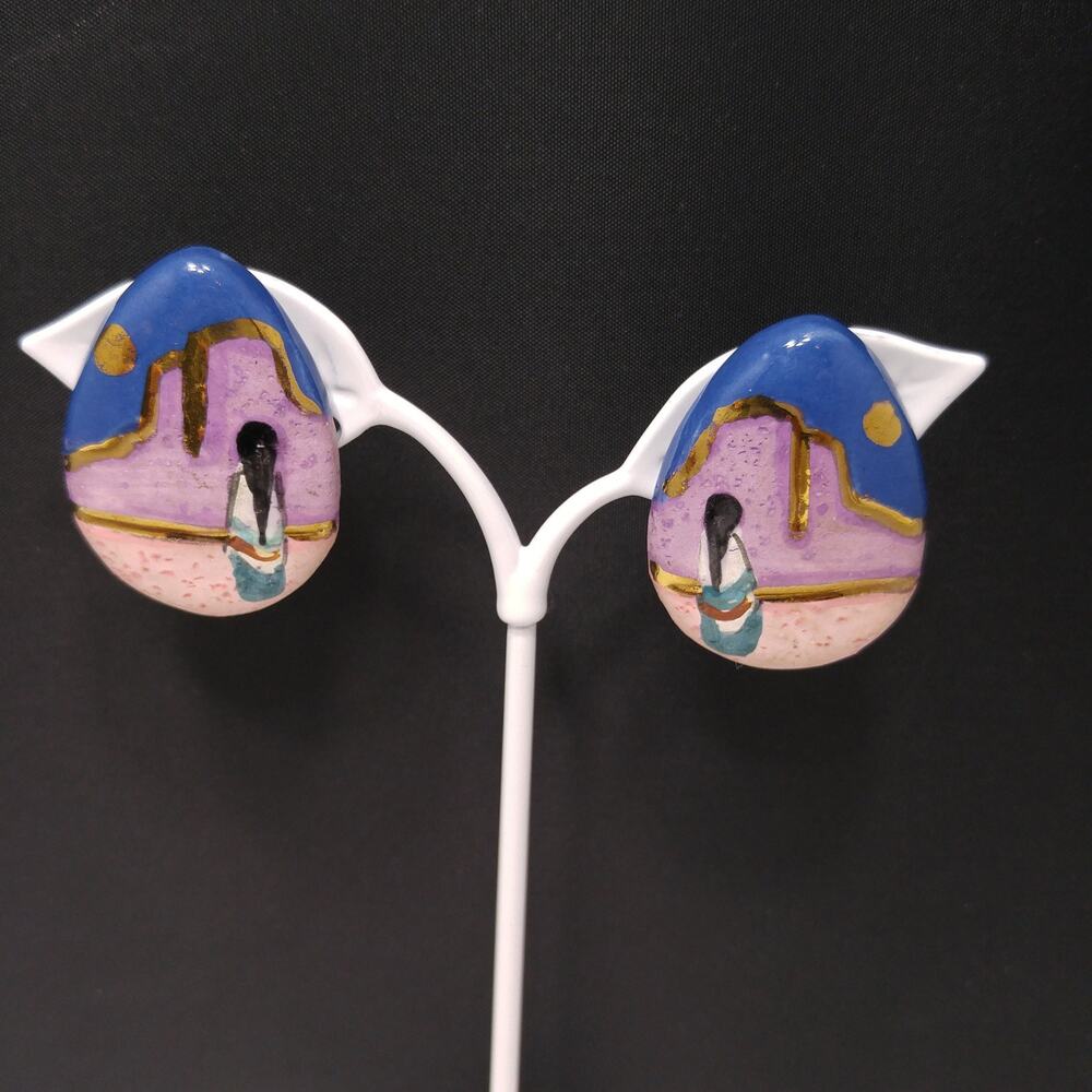 Vintage Hand Painted Southwestern Folk Art Ceramic Clip Earrings 1980s